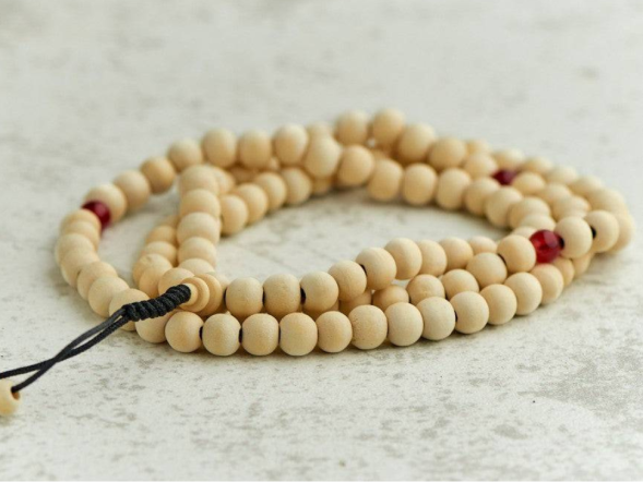 Rosary #63, white wood, 108 beads